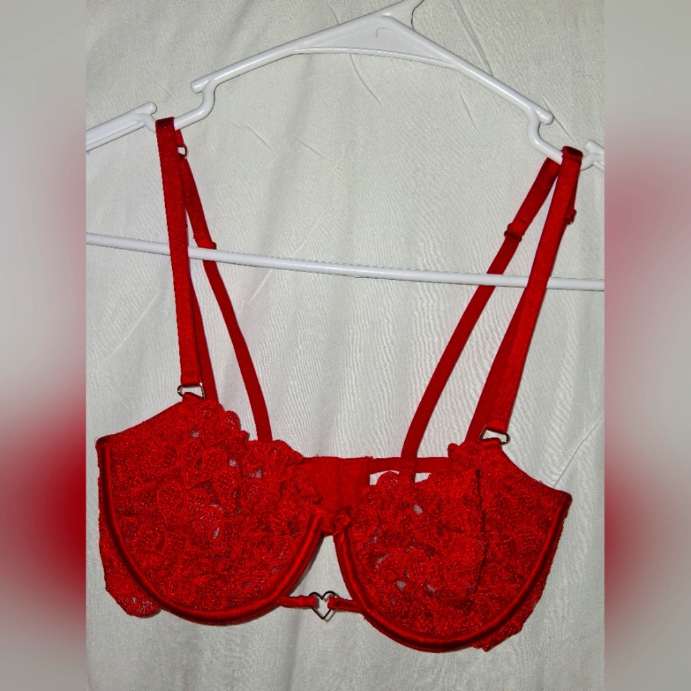 Victorias Secret Dream Angels Red Pushup Bra W/O Padding Hearts Embroidered 32C